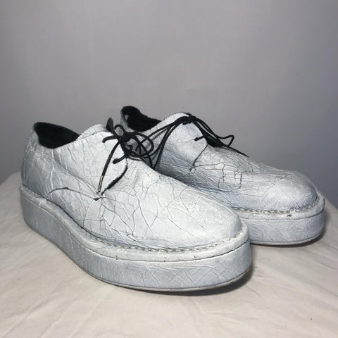 Barny Nakhle white lace up cracked leather creepers with stripping paint detail and platform sole