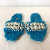 Miu Miu blue faux fur mohair pearl embellished slippers flats