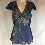 Bergdorf Goodman cap sleeve blouse top with beaded embellished sequined plunge deep v neckline with