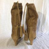 Rupert Sanderson beige/brown suede mid-calf heeled boots with tassel detail and contrast leather toe