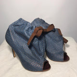 Vivienne Westwood dark blue peep toe bag heeled ankle boots with brown tie detail and perforated lea