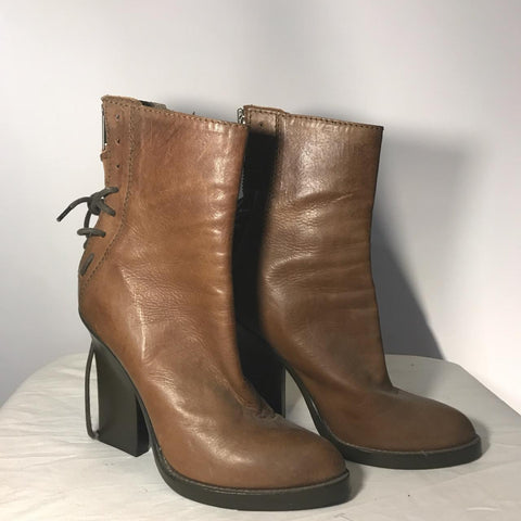 Haider Ackermam brown leather ankle boots with chunky heel and tie detail and zip closure at the bac
