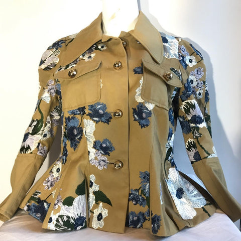 Erdem floral embroidered cotton peplum shari jacket with wing collars