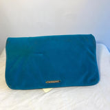 Matthew Williamson blue suede peacock style clutch bag with one small zipper pocket and larger fold-
