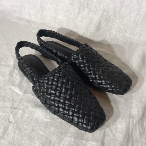 Vince black leather 'Cadot' woven slingback sandals with square toes