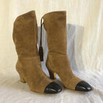 Rupert Sanderson beige/brown suede mid-calf heeled boots with tassel detail and contrast leather toe