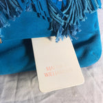 Matthew Williamson blue suede peacock style clutch bag with one small zipper pocket and larger fold-