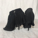 Giuseppe Zanotti black suede peep toe ankle boots with stiletto heel and fringe detail