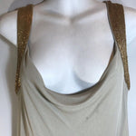 Alberta Ferreti light khaki-colored bodycon mid-length dress with straps decorated with gold sequins
