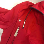 A-COLD-WALL abstract red long raincoat with detachable decorative fabric strips to customise the pie